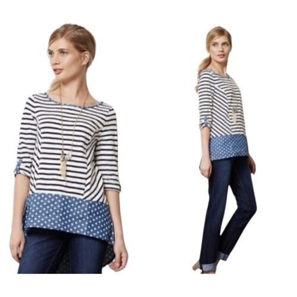 Anthropologie S Postmark Fairley Striped Polka Dot Tunic Top Boho Mod Retro Blue